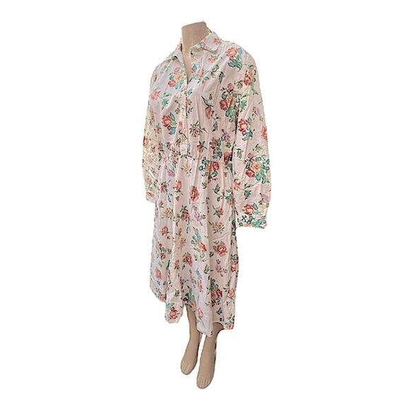 80s Carriage Court Cotton Blend Floral Button Up Long Sleeve Dress Women Size L - Picture 1 of 13